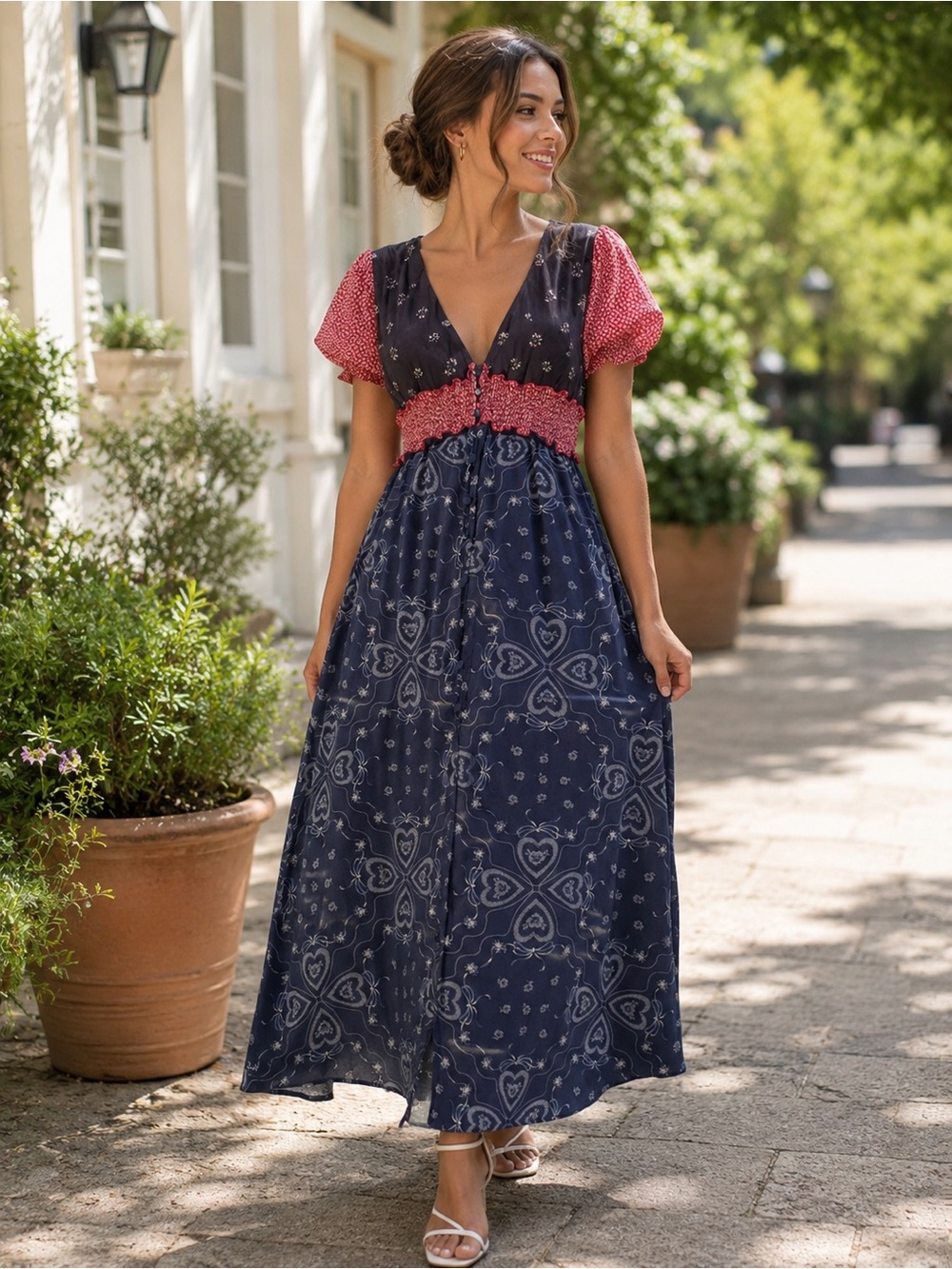 Kimchi Blue Navy Maxi Dress with Pink Smocked Waist